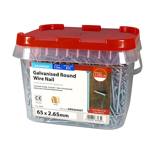 Round Wire Nails (Tub) - Galvanised 65 x 2.65 (2.5kg) Round Wire Nails (Tub) - Galvanised 65 x 2.65 (2.5kg)