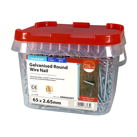 Round Wire Nails (Tub) - Galvanised 65 x 2.65 (2.5kg)